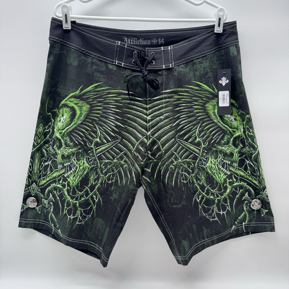 NWT Affliction Toxic Wrath Men's Board Shorts Black Green Skull Graphic 34